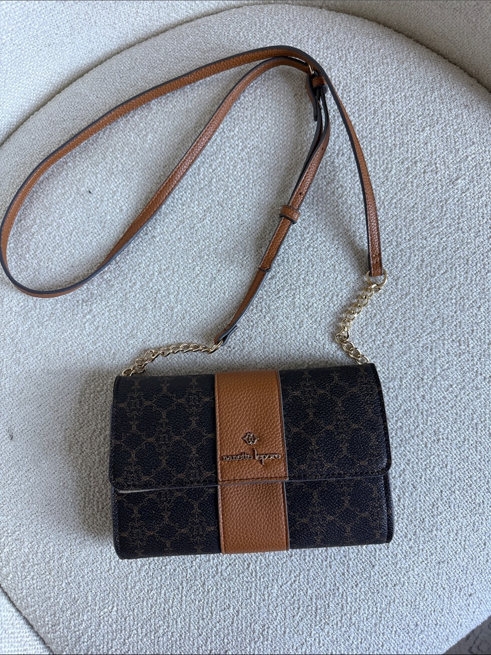 Nanette Lepore Brown and Tan Logo Crossbody with Gold Chain
